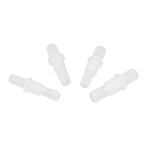 Pack of 6 white plastic hose barb bulkhead fittings with metal washers; 1/4 inch through-bulk union adapters