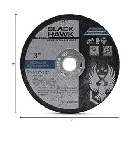 Ultra Thin Three Inch Aluminum Oxide Cut Off Wheels For Die Grinders Premium Twenty Five Pack Includes Three Eighth Inch Arbor One Thirty Second Thick Metal Cutting Discs With Aggressive Cutting Action, front view.
