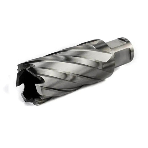 One And One Eighth Inch Annular Cutter For Magnetic Drill Press With Two Inch Cutting Depth, Three Quarter Inch Weldon Shank And Two Flat, Pilot Pin For Precise Holes, Drills Faster Than Regular Bits, Ideal For Steel And Stainless By Oscarbide, side view
