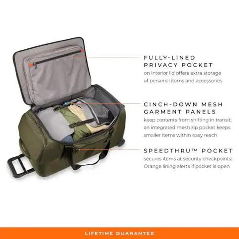 Open view of Do It All 27 Inch Medium Upright Duffle With Wheels Softside Checked Luggage, packed with clothes and showing interior pockets