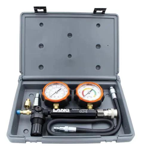 Cylinder Leakage Tester For Engine Cylinders With 100 PSI Test Capacity And Dual Gauges DIY Friendly Auto Diagnostic Tool For Cars And Trucks Lang Tools CLT2 Pro Grade Engine Cylinder Leak Test And Pressure Hold Verification in carrying case with precision regulator and adapters.