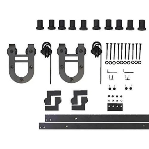 Black Rustic Non Bypass Sliding Barn Door Hardware Kit For One Door With 8 Foot Flat Track And House Shoe Rollers Built Tough