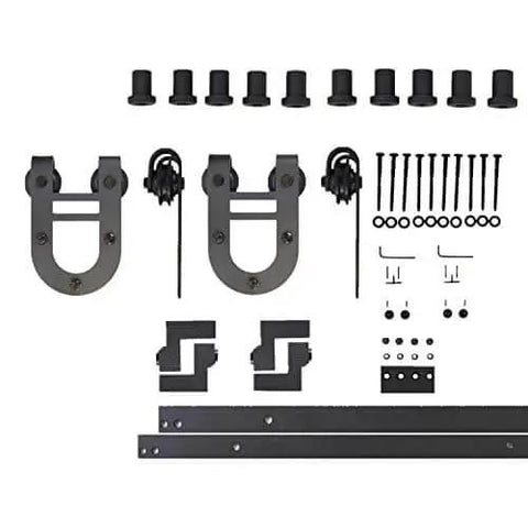 Black Rustic Non Bypass Sliding Barn Door Hardware Kit For One Door With 6 Ft Flat Track Horseshoe Design Rollers, unassembled view