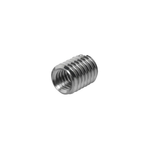 Threaded reducer sleeve, M8 male to M6 female, metal silver, angled view