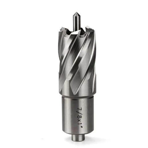 Seven Eighths Inch Annular Cutter For Magnetic Drill Press With One Inch Cutting Depth And Three Quarter Inch Weldon Shank With Two Flats Pilot Pin Dual Alternating Teeth For Fast Hole Cutting