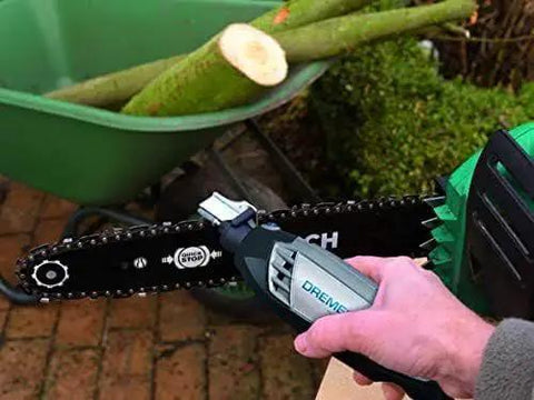 Chainsaw Sharpening Kit For Rotary Tool With Angle Guide Attachment And Grinding Stones Set Pro Grade Sharpness in use on chainsaw
