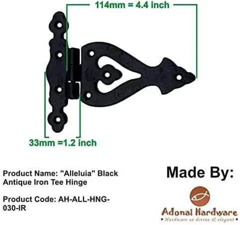Alleluia Antique Cast Iron T Hinges Heavy Duty 5.3 Inch 2 Pack Matte Black Finish with measurements shown