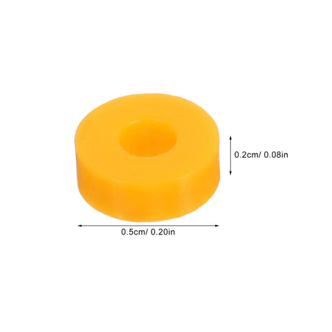 Close-up of 100 Pack Miniature Plastic Bushings and Axle Sleeves for Toy Vehicles, orange with dimensions shown.