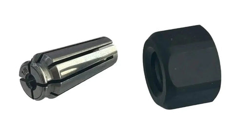 One Eighth Inch Collet And Nut Assembly With Socket Head Black Steel Zinc Coated Right Hand Coarse Unified National Coarse Thread Replacement Part For Heavy Duty Machining And Pro Grade Tooling, showing 1/8in collet and nut side by side.