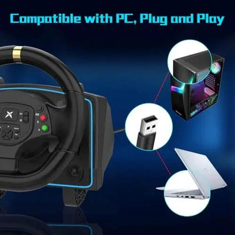 Close-up of 1080 Degree Magnetic Induction Racing Wheel with USB plug for PC Windows 7/10/11 and PS3 compatibility.