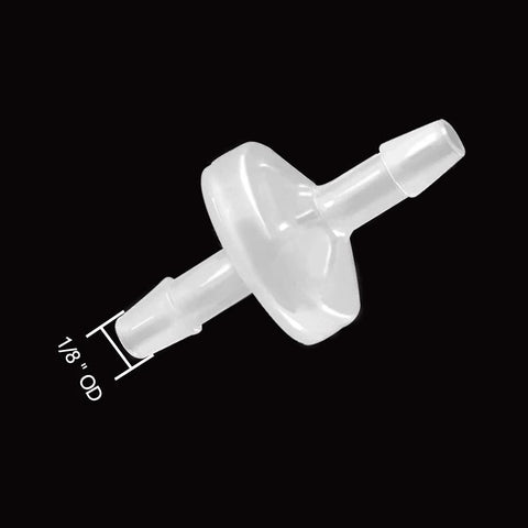 Transparent plastic one-way check valve with 1/8 in hose barb ends for water, fuel, oil, air, gas.