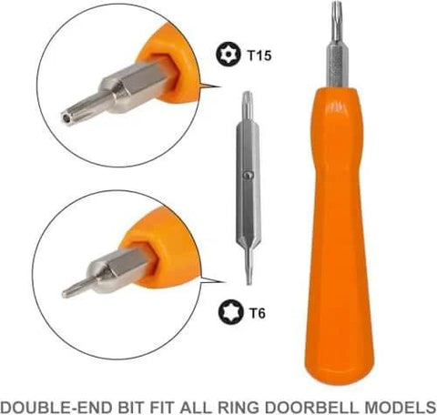 Video Doorbell Screwdriver Set With Torx T6 And T15 Bits for Battery Replacement and WiFi Reset, orange handle, dual-head design.