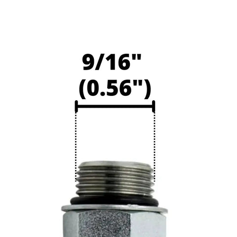 Close-up of One Quarter Inch JIC Male and Six SAE ORB Male Corner Elbow Hydraulic Adapter with 0.56 inch diameter measurement.