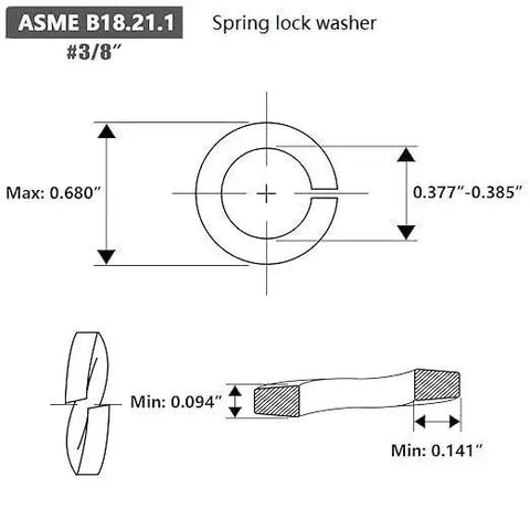 Split lock washer, 3/8 in, stainless steel 304/18-8; front and side views, set of 50.
