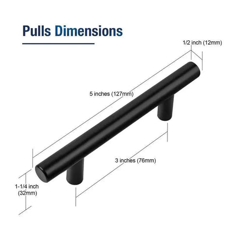 Dimensions diagram of Set Of 30 Matte Black Cabinet Pulls, 5 Inch Length, 3 Inch Hole Centers (76mm), stainless steel drawer handles.