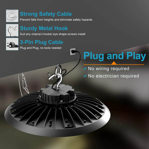 Power Through Your Warehouse With 420W LED High Bay UFO Lights Delivering 63000lm, AC100-277V 5000K Daylight, Ideal For 30 To 60 Ft High Ceilings, Energy Saving Shop Lights, 5 Pack By Lightdot, shown with sturdy metal hook and plug cable for easy installation.