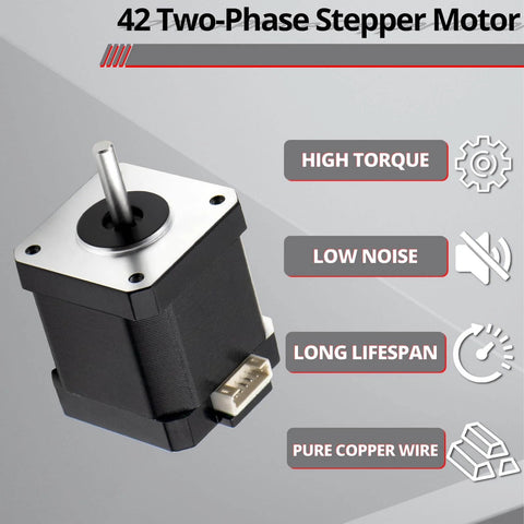 42 Two-Phase Stepper Motor with silver shaft, featuring high torque and low noise properties. Ideal for precise control applications.