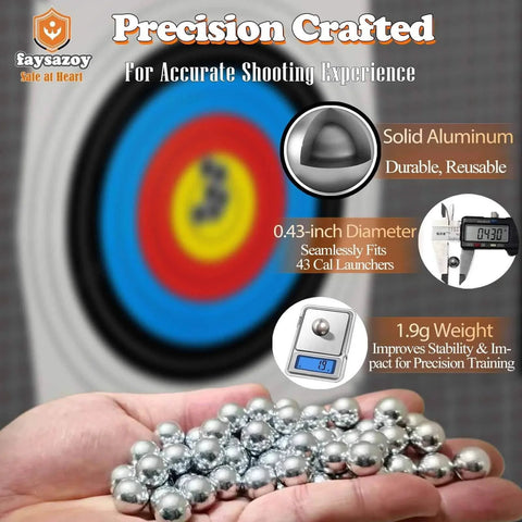 Hand holding 100Pcs .43 Caliber Hard Aluminum Balls, 1.83g Reusable Balls for Self Defense & Target Practice (100, Silver) with target in background