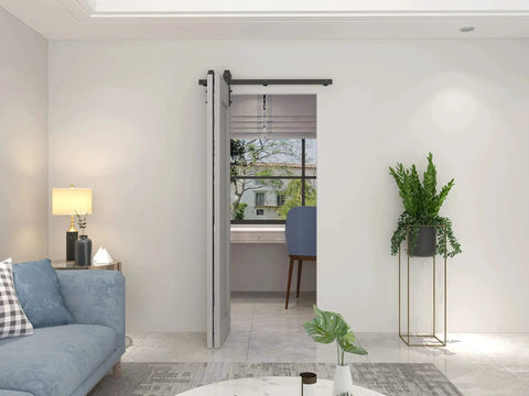 Living room with 43 Inch Bi Folding Sliding Barn Door Hardware Kit For Two Doors Heavy Duty Side Mounted Bifold Door System installed