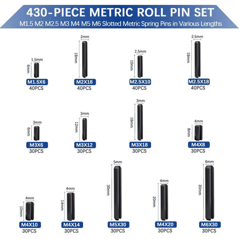 430 Pcs Roll Pin Set, Slotted Metric Spring Pins, Steel Split Expansion Pin M1.5 to M6 size chart, automotive repair tools