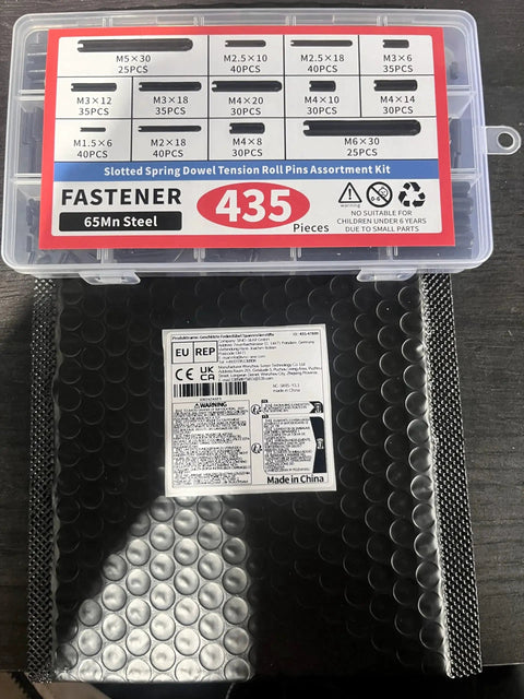 Premium 435-Piece Roll Pin Set By AIMUNOK with black oxide 65Mn steel pins in labeled storage box on table, fastening kit M1.5-M6.