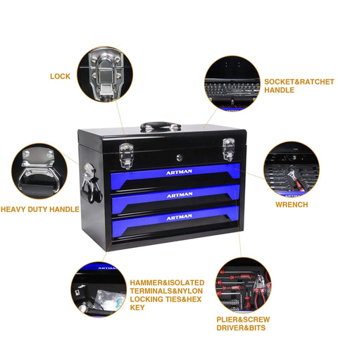 439-Piece Mechanic Tool Set in Heavy-Duty 3-Drawer Steel Box with 4-Tier Socket, Wrenches & Pliers, blue, with lock and handles.