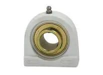 Front view of 1-1/2 Inch Wide Set Screw Pillow Block with White Plastic Tap-Base, for Industrial Machinery and Conveyor Shafts.