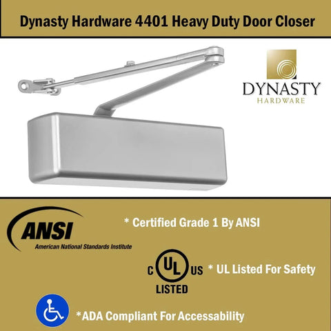 Door Closer, Grade 1 Heavy Duty Commercial Hydraulic Closer, Self-Closing, Adjustable Spring Size 1-6, ADA Compliant, Surface Mount, Sprayed Aluminum.