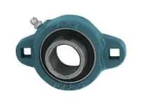 Front view of a 35mm Narrow Set Screw Malleable Iron 2-Bolt Flange Clamp for Pipe and Handrail Systems, turquoise, industrial-grade hardware.