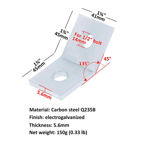 Ten Pcs 45 Degree Angle Bracket Fittings For One And Five Eighths Inch Strut Channel Two Hole Corner Brace Connector 7/32 Inch Thick Carbon Steel With Electro Galvanized Finish For Durable Industrial Mounting