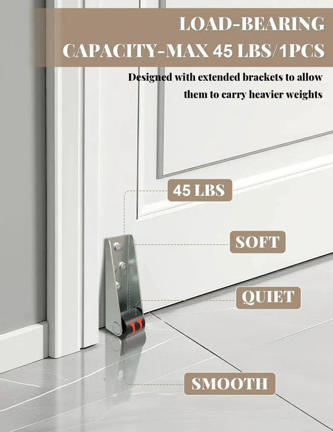 Four 0.9 Inch Low Profile Mini Casters Wheels for Furniture and DIY Projects, shown installed under a door.