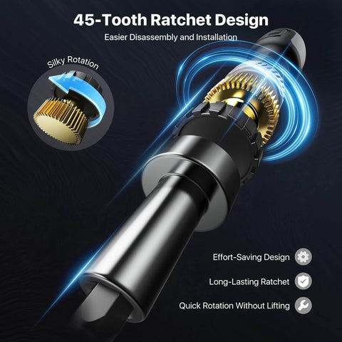 Close-up of 13-In-1 Ratchet Screwdriver Set With Built-In Bit Storage, highlighting 45-tooth ratchet design and silky rotation feature.