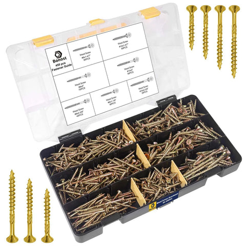 450 Pcs Wood Screws Assortment Kit with Torx Drive Screws and Matching Bits featuring multiple sizes in a storage box.
