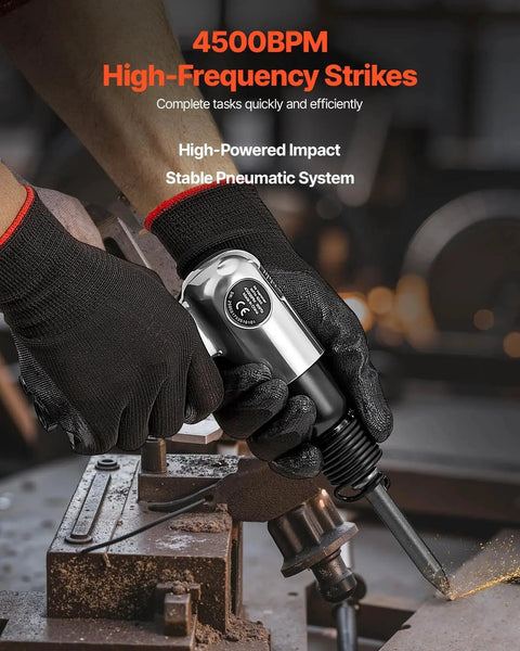 High-impact pneumatic hammer delivers 4500 BPM with a 1.57 in stroke for fast metal cutting, concrete demolition, bolt removal