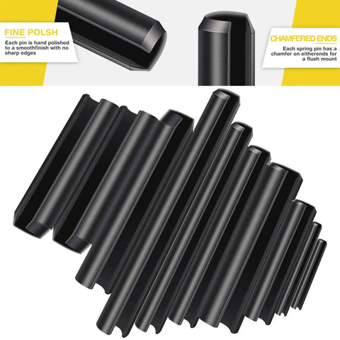 Close-up of 450 Pcs Split Roll Pin Set with Storage Case, showing black oxide dowel pins with fine polish and chamfered ends.