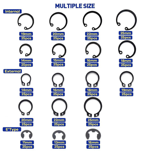 Versatile 450Pcs Circlip Retaining Ring Kit With External and Internal Snap Rings, 3 Types, 18 Sizes, Black Alloy Steel, Multiple Sizes