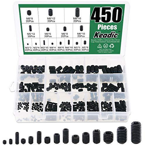 450Pcs Internal Hex Drive Cup-Point Screws Assortment Kit, 15 Metric Sizes M3/4/5/6/8 Set Screw Set for Door Handles, Faucet, Light Fixture, 12.9 Class Alloy Steel (Black) - VXB Ball Bearings