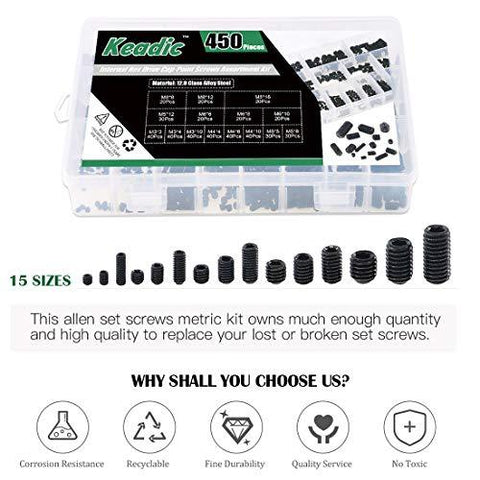 450Pcs Internal Hex Drive Cup-Point Screws Assortment Kit, 15 Metric Sizes M3/4/5/6/8 Set Screw Set for Door Handles, Faucet, Light Fixture, 12.9 Class Alloy Steel (Black) - VXB Ball Bearings