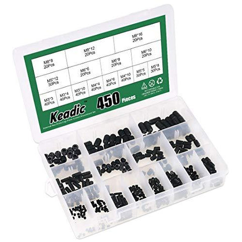450Pcs Internal Hex Drive Cup-Point Screws Assortment Kit, 15 Metric Sizes M3/4/5/6/8 Set Screw Set for Door Handles, Faucet, Light Fixture, 12.9 Class Alloy Steel (Black) - VXB Ball Bearings