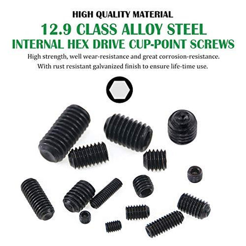 450Pcs Internal Hex Drive Cup-Point Screws Assortment Kit, 15 Metric Sizes M3/4/5/6/8 Set Screw Set for Door Handles, Faucet, Light Fixture, 12.9 Class Alloy Steel (Black) - VXB Ball Bearings