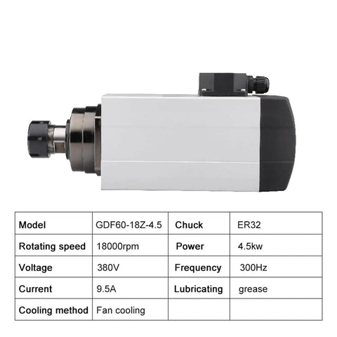 Side view of 4.5KW Square Air Cooled Spindle 220V 380V CNC Milling With ER32 Collet, showing specifications and design.