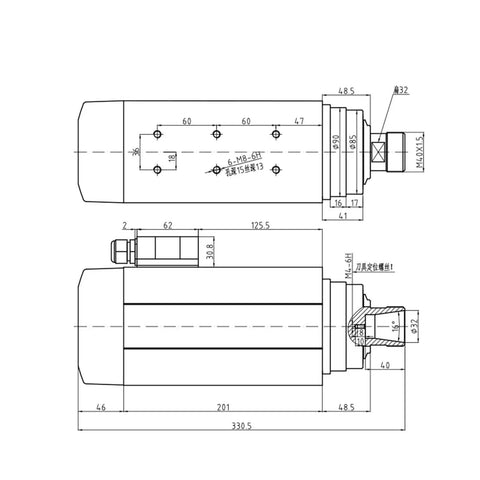 Technical drawing of 4.5KW Square Air Cooled Spindle 220V 380V CNC Milling with ER32 Collet, showing dimensions and specifications.