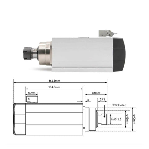 Side view of 4.5kw ER32 Air Cooled Spindle Motor 220v 380v Square Spindle with Flange Mount, CNC routers, with technical drawing