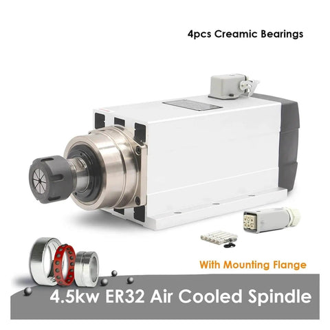 4.5kw ER32 Air Cooled Spindle Motor 220v 380v Square Spindle With Ball Bearings 0.01mm Precision Tolerance And Flange Mount