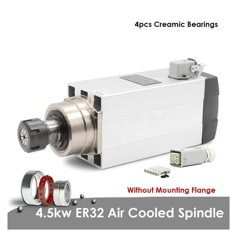 Beefy 4.5kW ER32 Air Cooled Spindle Motor for CNC Machines, dual voltage 220V and 380V, square design, without flange, high precision milling.