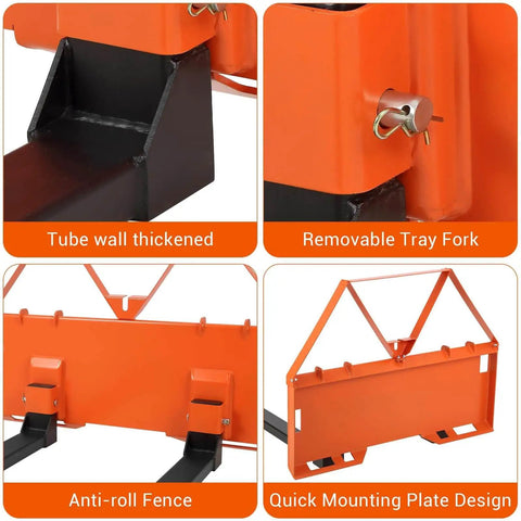 Close-up view of Heavy Duty 46 Inch Pallet Fork Attachment For Tractor Loader And Skid Steer Universal Quick Attach With 2600 Lb Per Fork Load Capacity For Farm.
