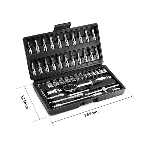 Heavy Duty 46 Piece One Quarter Inch Drive Socket Set With Metric CR-V Sockets From 4mm To 14mm S2 Bit Kit Open Case