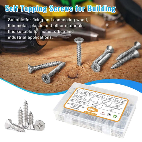 460 Pcs Stainless Steel Wood Screws Assortment Kit with 18 Sizes #4 #6 #8 #10 #12 Flat Head Self Tapping Sheet Metal Screws on a work surface.