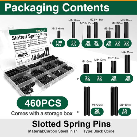 460 Piece Roll Pin Set Of Slotted Spring Pins In Metric Sizes From M1.5x6 To M6x30 displayed in labeled case