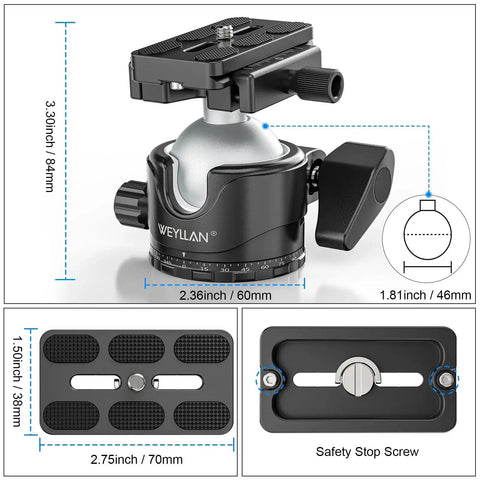 46mm Lever Ball Head EH46L with stainless steel lock pin and Arca Swiss quick release plate, shown with dimensions and safety stop screw.